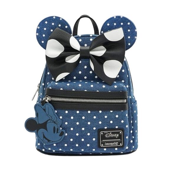 Loungefly x Minnie Mouse Denim Polka Dot Mini Backpack - Picture 1 of 7